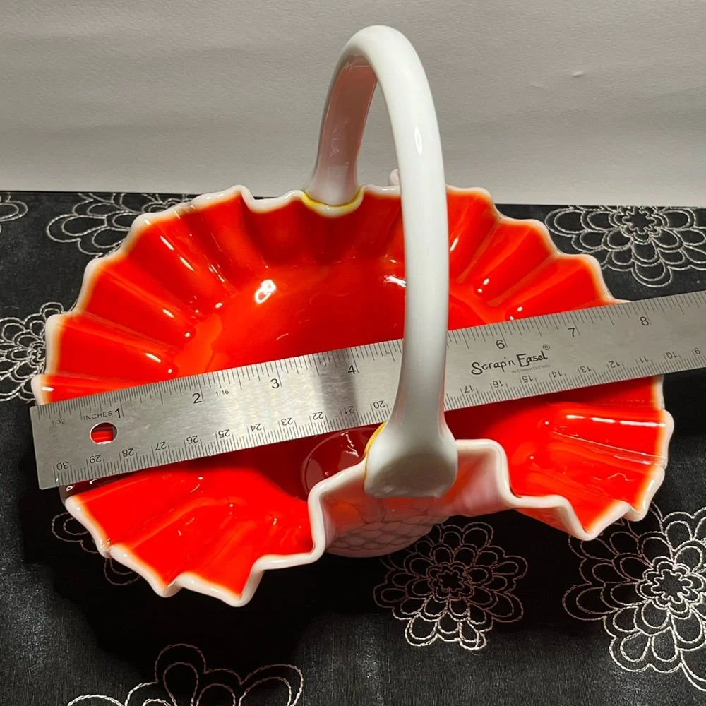 Vintage Fenton Hobnail Basket Ruby Red Overlay with White Handle & Ruffled Edge